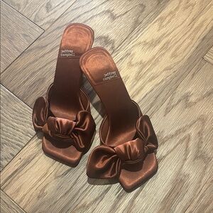Jeffrey Campbell Satin Bow Mules in Rich Brown
